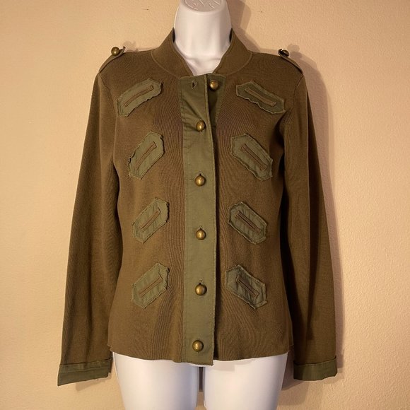 LuLuLuLu Olive Green Military Style Cardigan Jacket XS Brass Buttons Epaulets - Picture 1 of 7